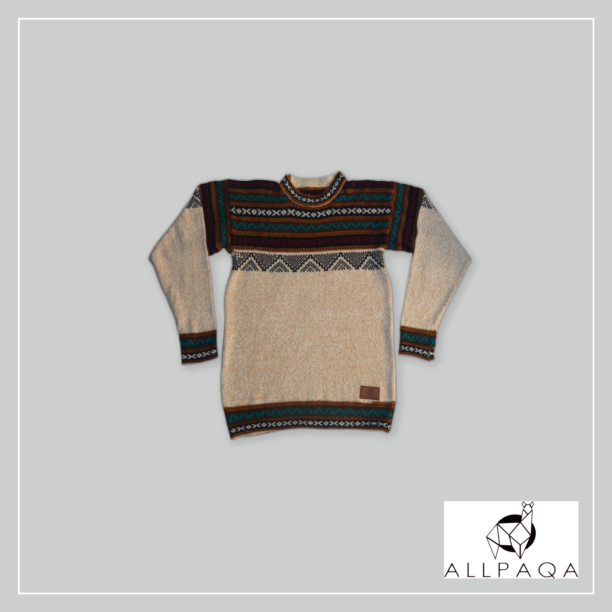 Round Neck Sweater - Beige with Pattern