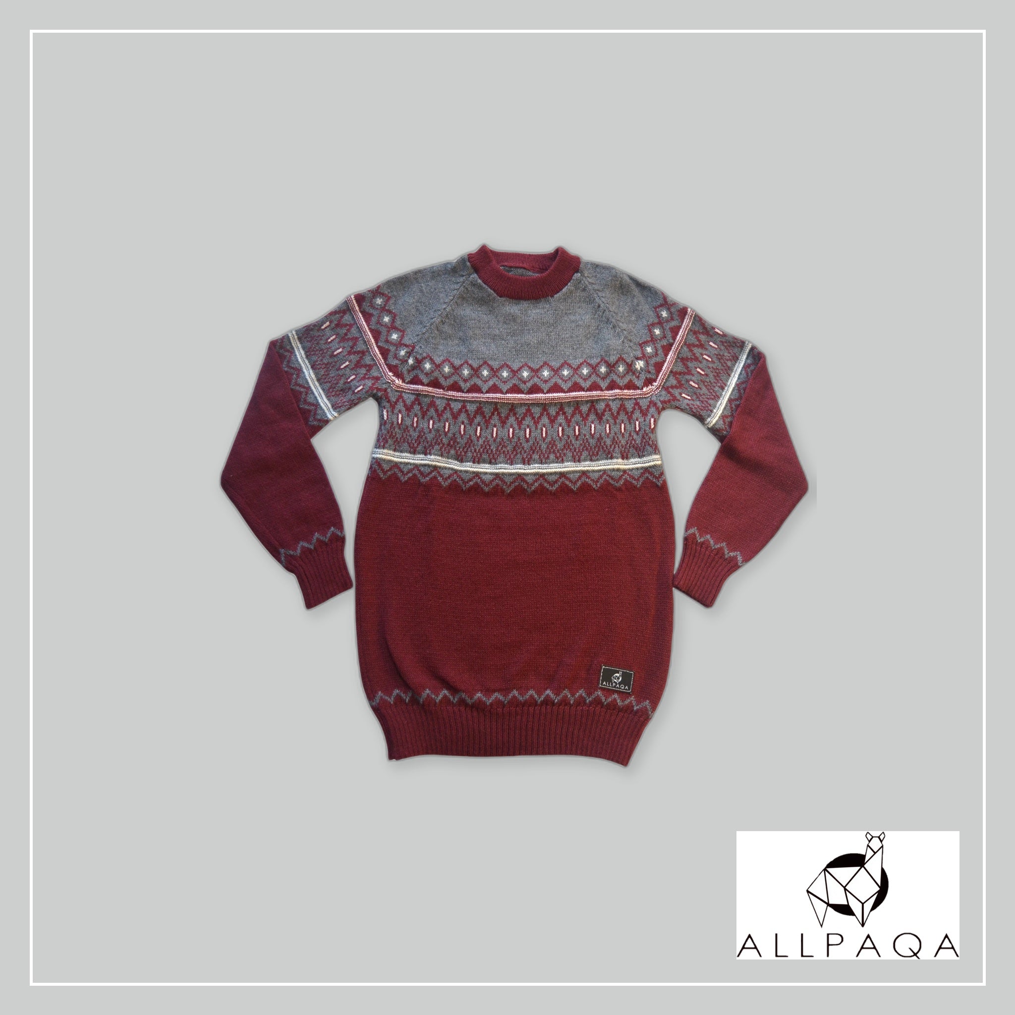Two Tone Round Neck Sweater - Burgundy and Gray