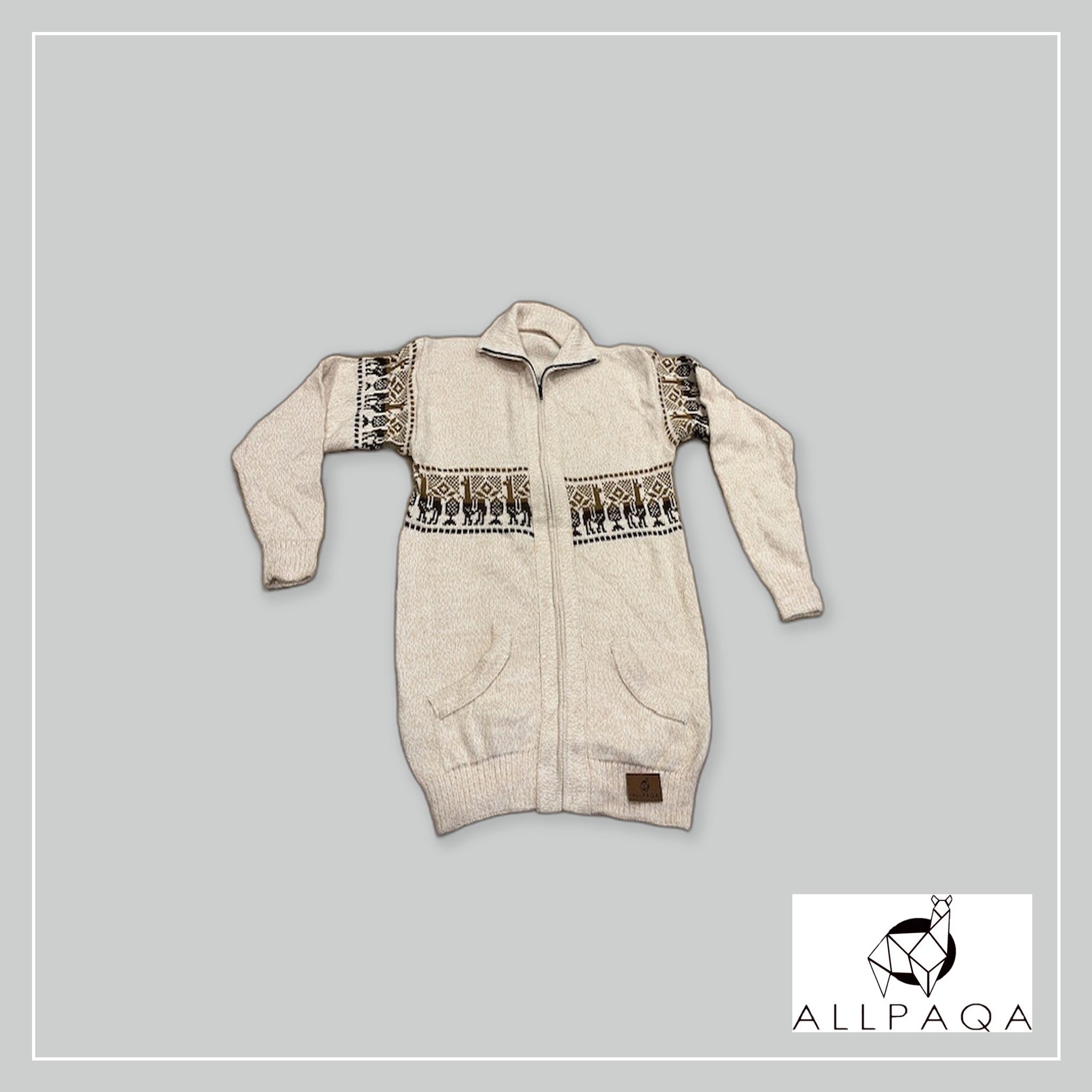 Zip-up Cardigan - Cream with Alpacas