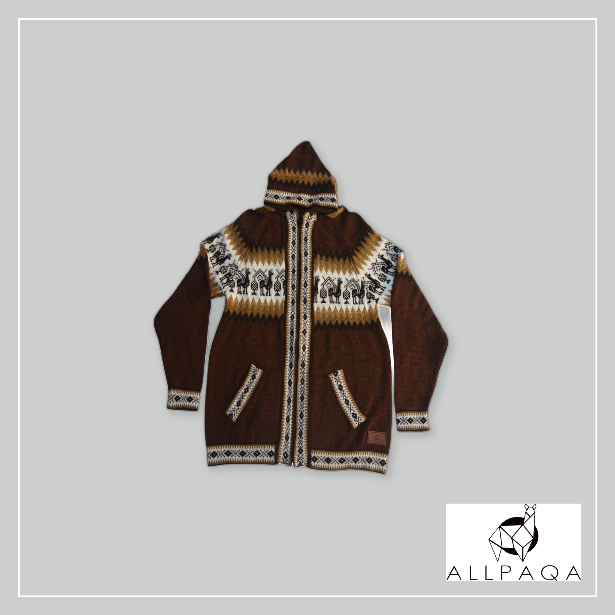Zip-up Hoodie - Brown with Alpacas