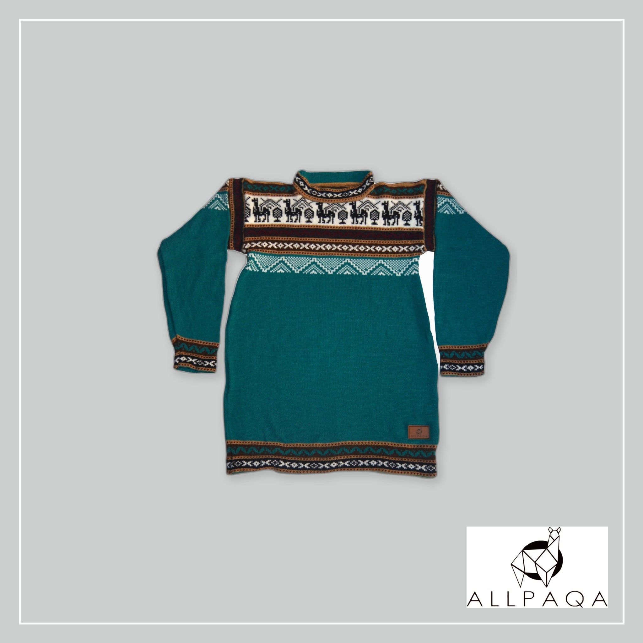 Round Neck Sweater - Turquoise with Alpacas