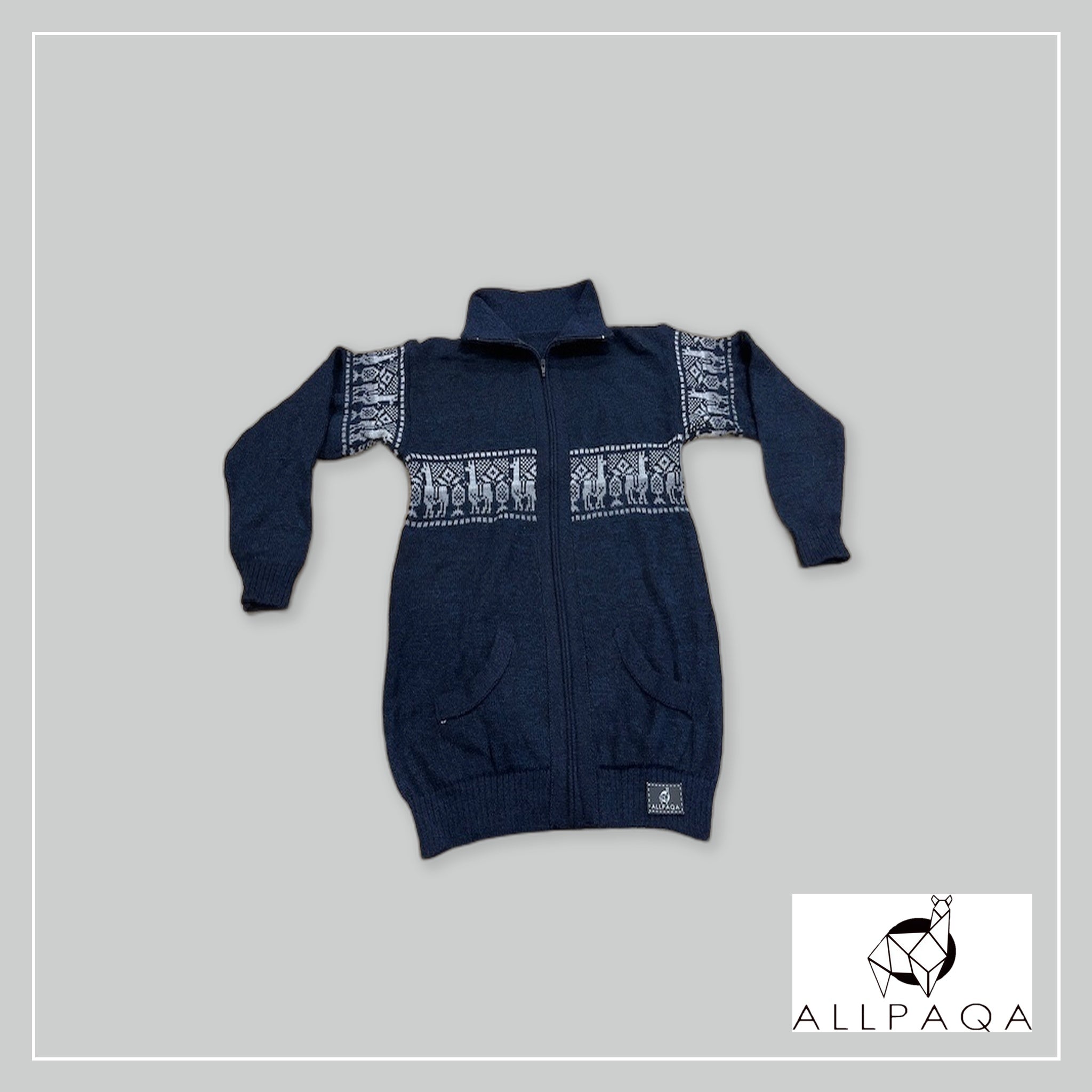 Zip-up Cardigan - Dark Blue with Alpacas