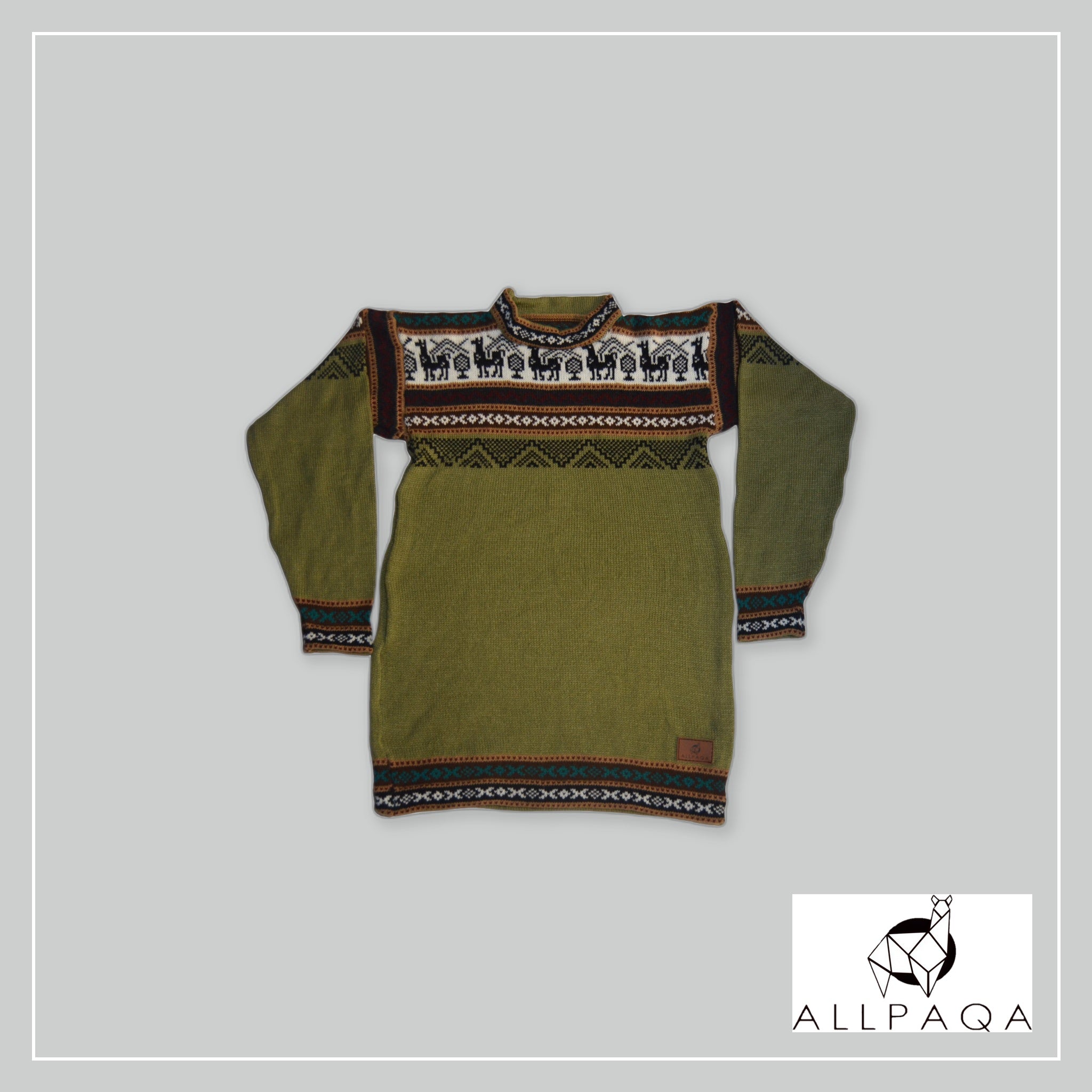 Round Neck Sweater - Light Green with Alpacas