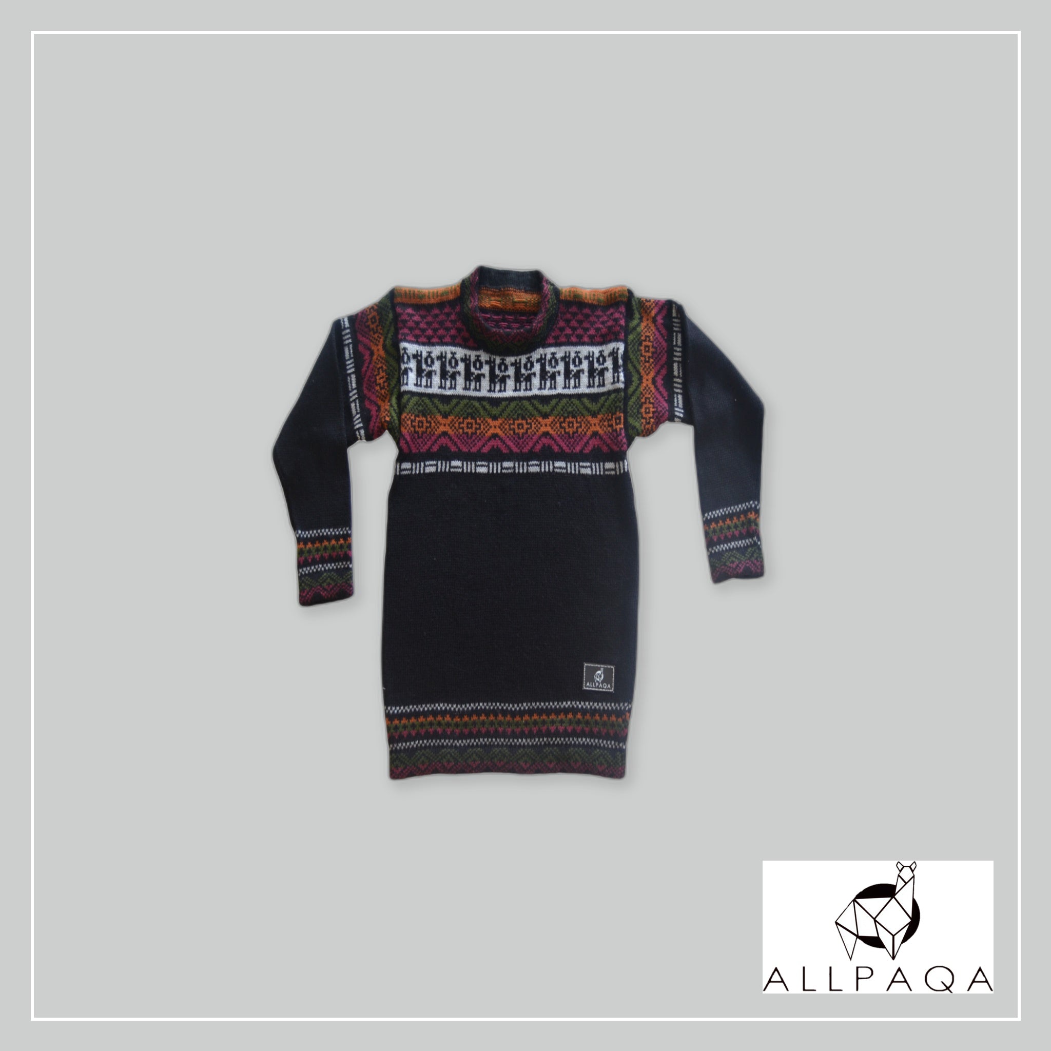 Round Neck Sweater - Black with Alpacas