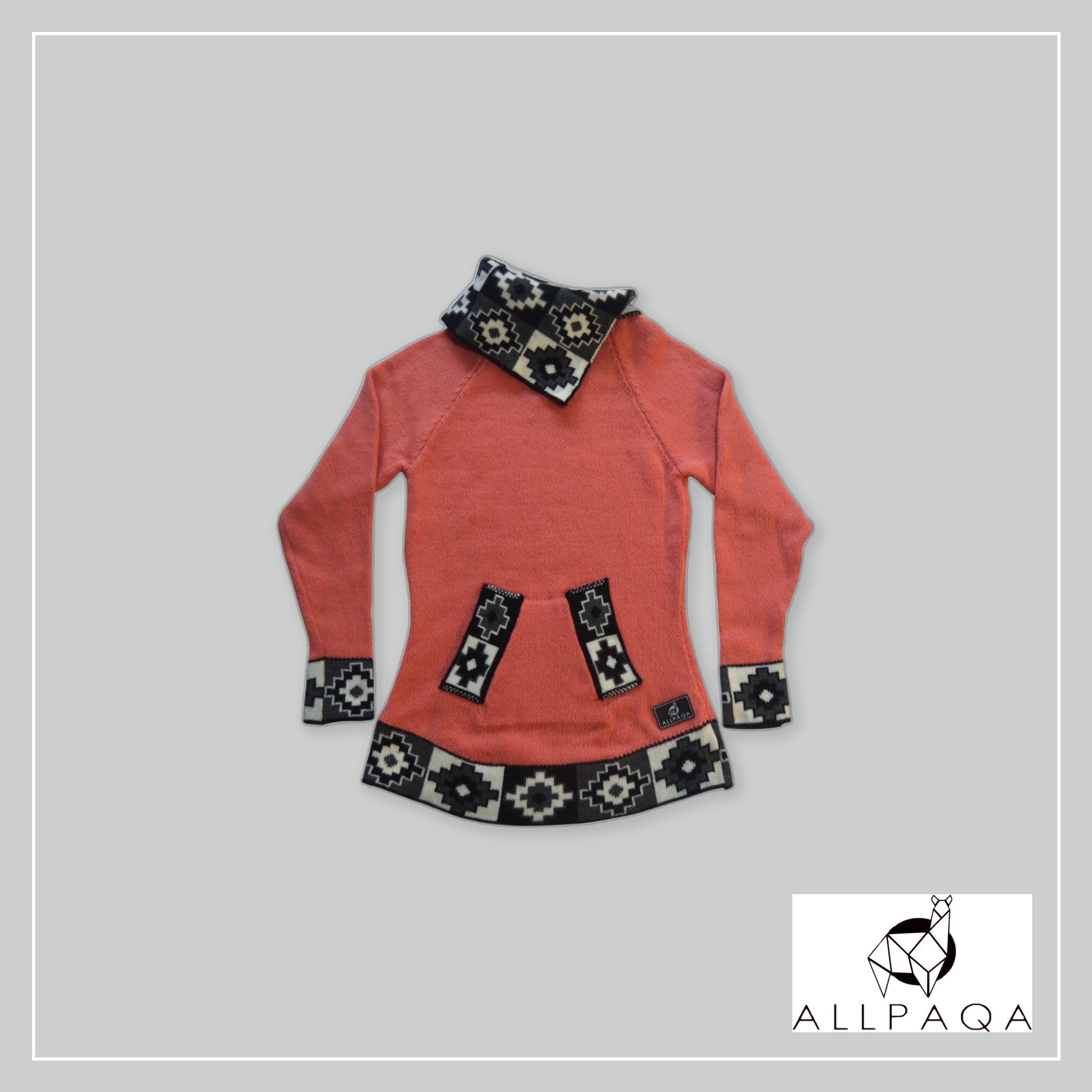 Andean Cross Neck Sweater with Pocket - Salmon