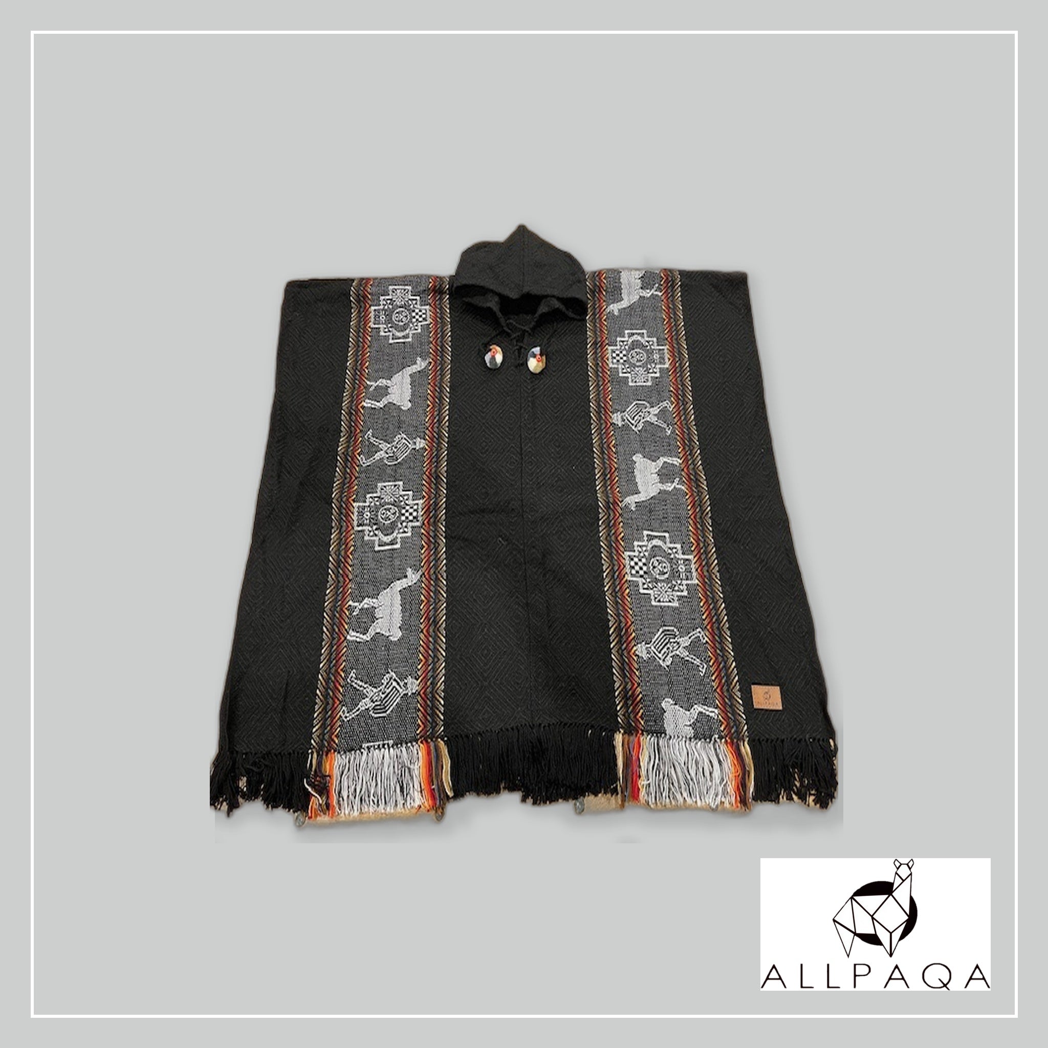 Patterned Poncho - Black with Alpacas