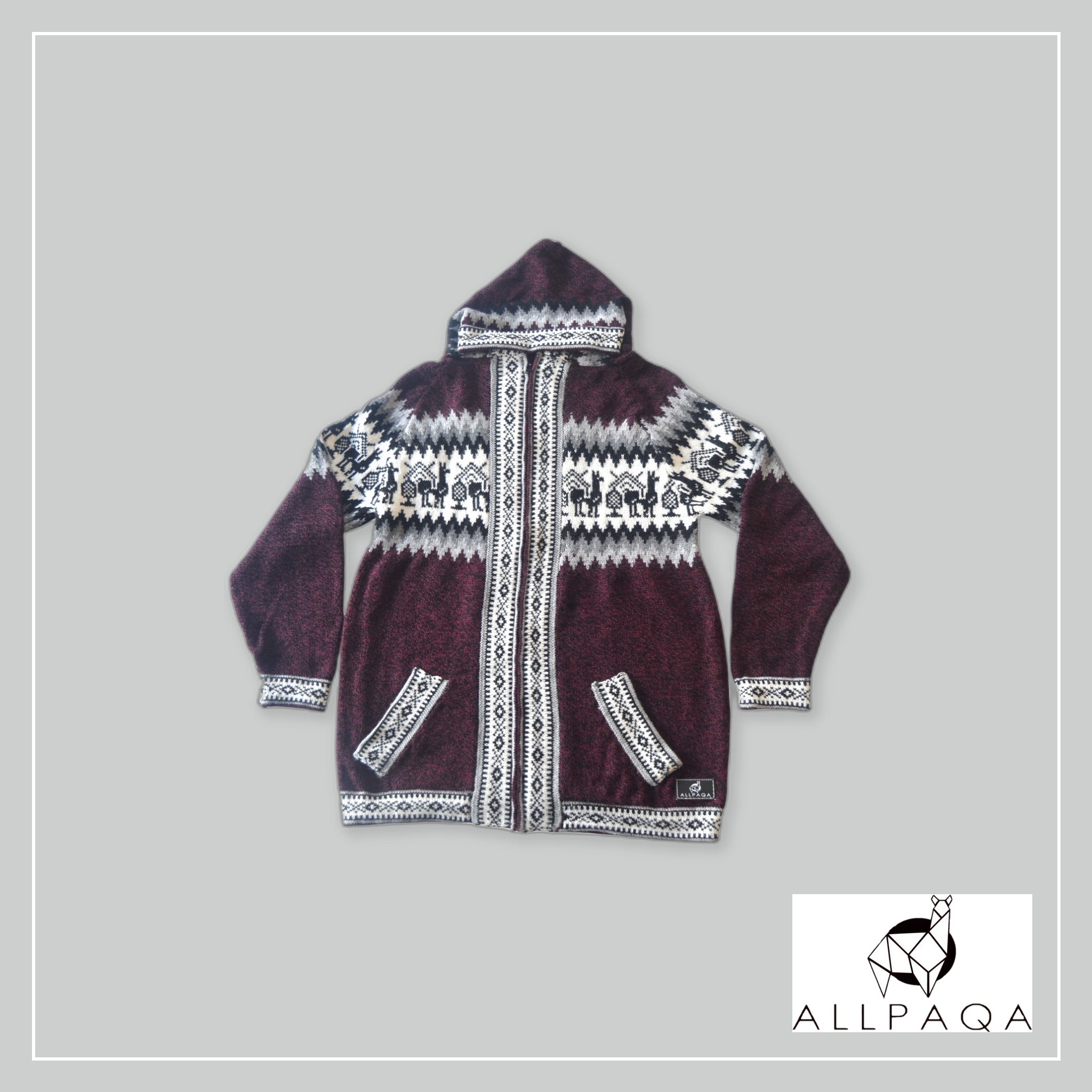 Zip-up Hoodie - Burgundy with Alpacas