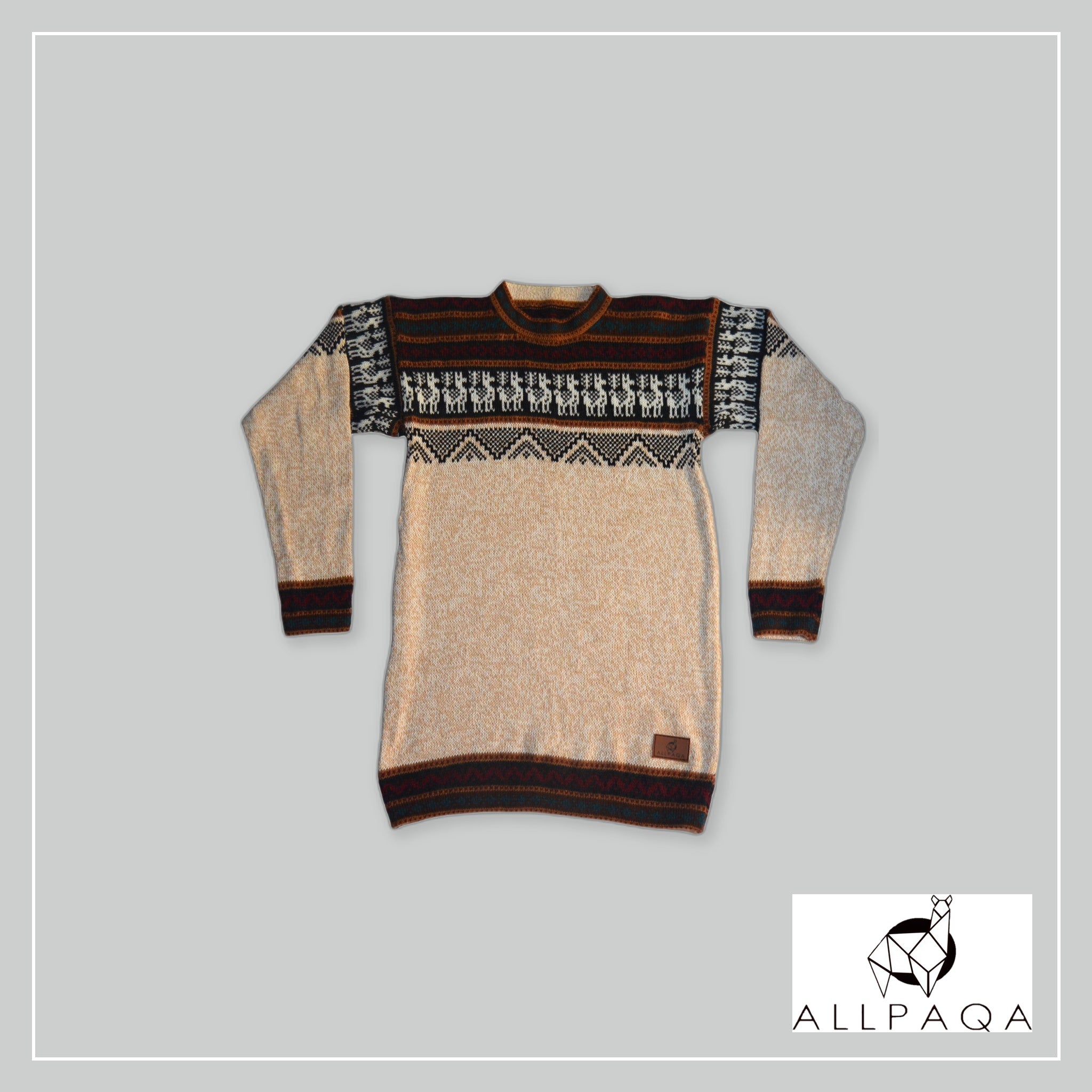 Round Neck Sweater - Beige with Alpacas