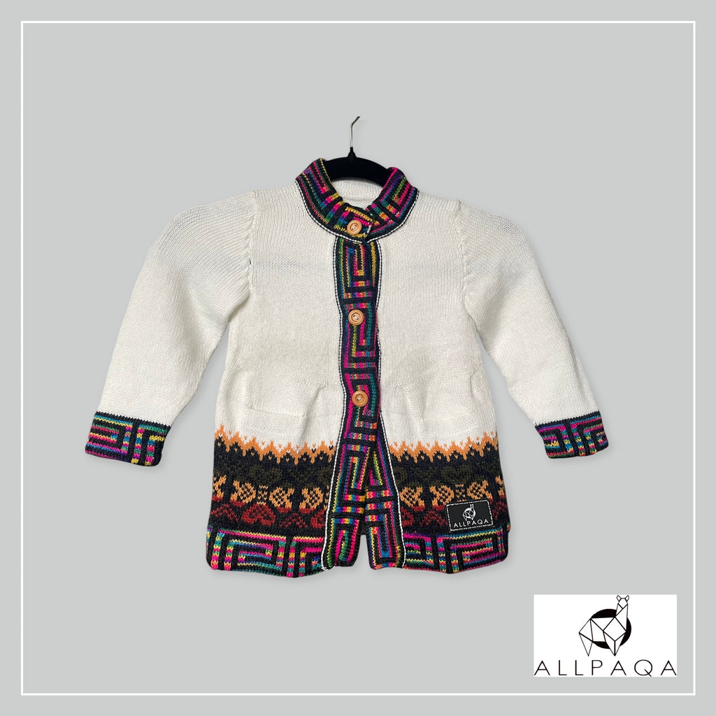 Handmade kids alpaca button-up cardigan in white with multicoloured details