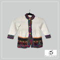 Handmade kids alpaca button-up cardigan in white with multicoloured details