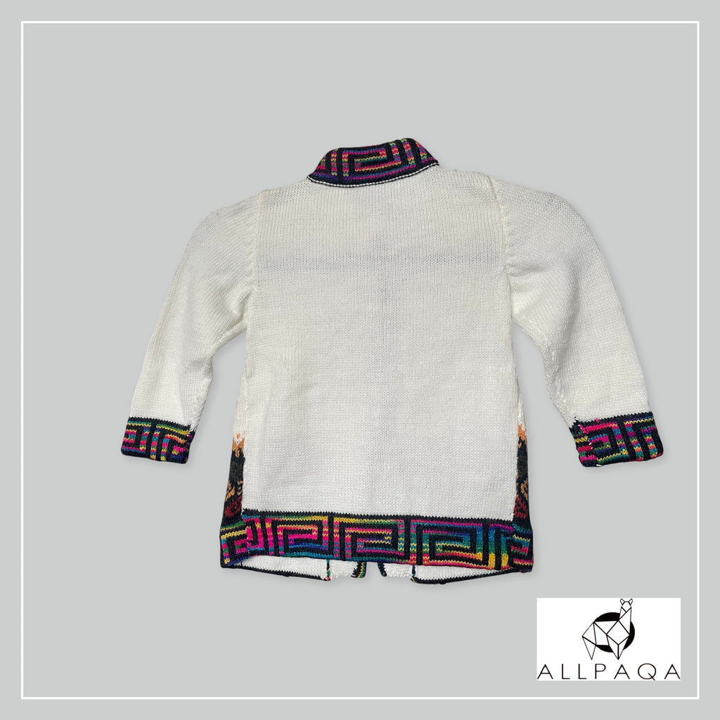 Handmade kids alpaca button-up cardigan in white with multicoloured details