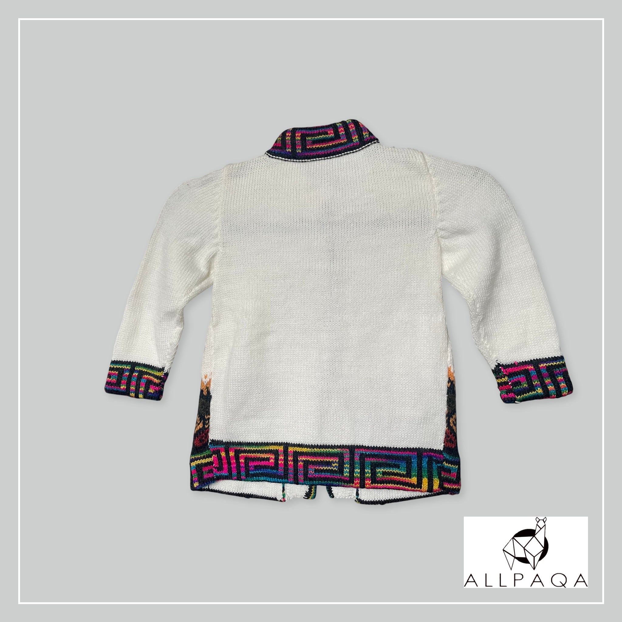 Handmade kids alpaca button-up cardigan in white with multicoloured details