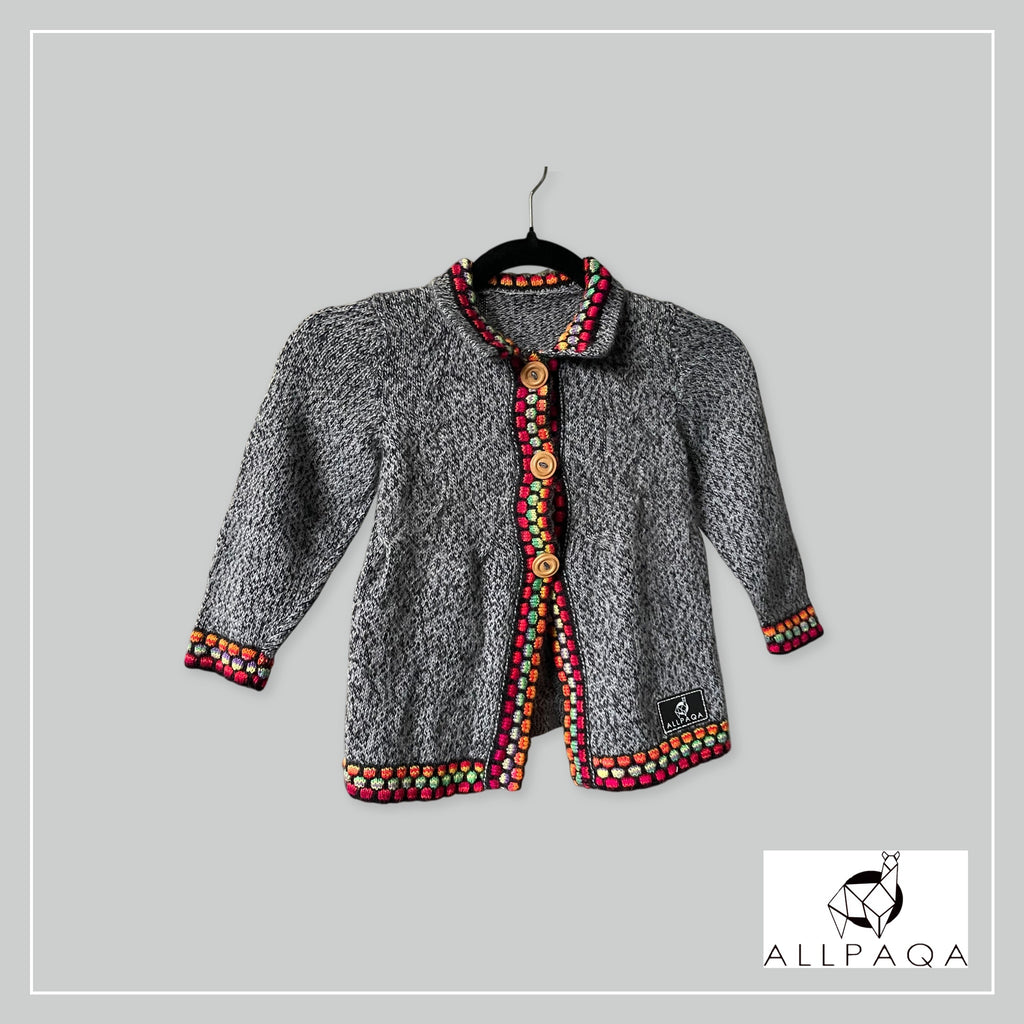 Handmade kids alpaca button-up cardigan in heathered light grey with multicoloured details