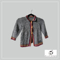 Handmade kids alpaca button-up cardigan in heathered light grey with multicoloured details