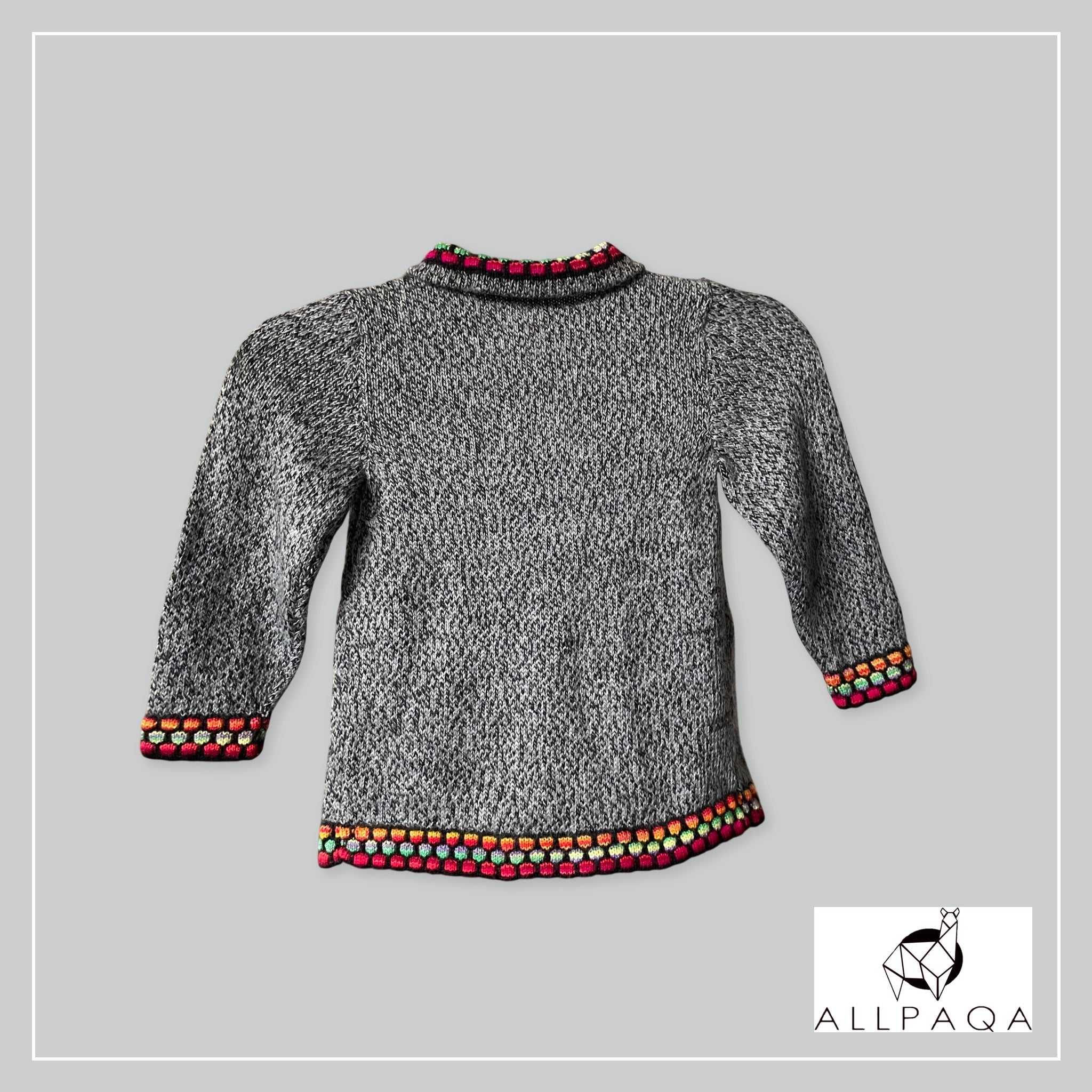 Handmade kids alpaca button-up cardigan in heathered light grey with multicoloured details