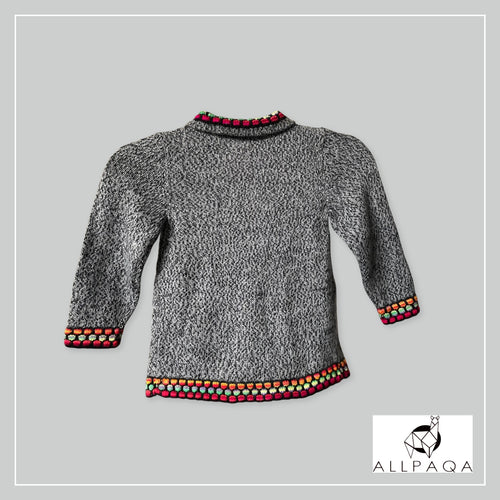 Handmade kids alpaca button-up cardigan in heathered light grey with multicoloured details