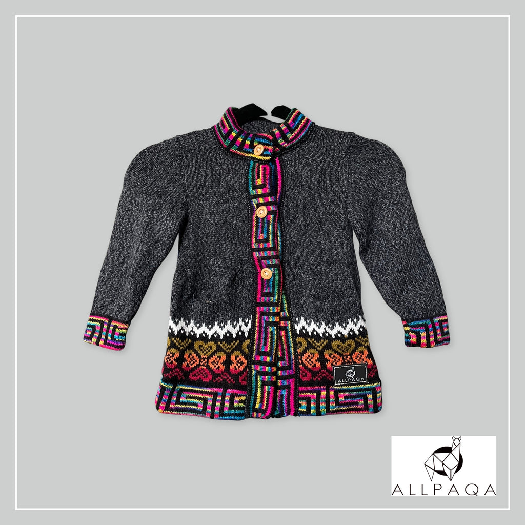 Handmade kids alpaca button-up cardigan in heathered dark grey with multicoloured details