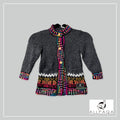 Handmade kids alpaca button-up cardigan in heathered dark grey with multicoloured details