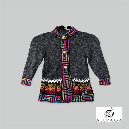 Handmade kids alpaca button-up cardigan in heathered dark grey with multicoloured details