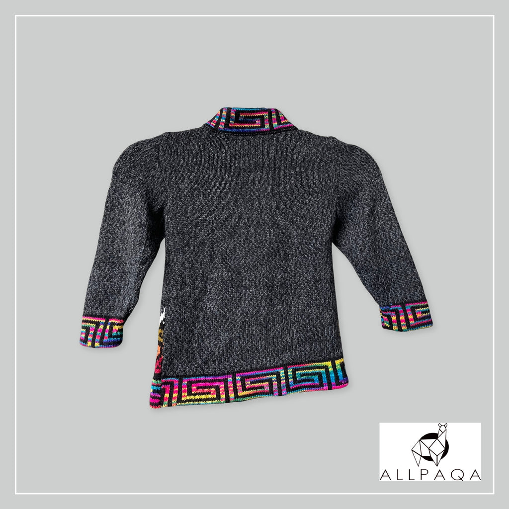 Handmade kids alpaca button-up cardigan in heathered dark grey with multicoloured details