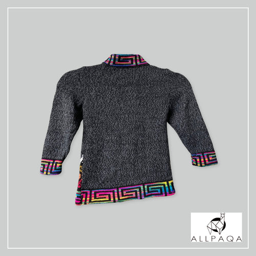 Handmade kids alpaca button-up cardigan in heathered dark grey with multicoloured details