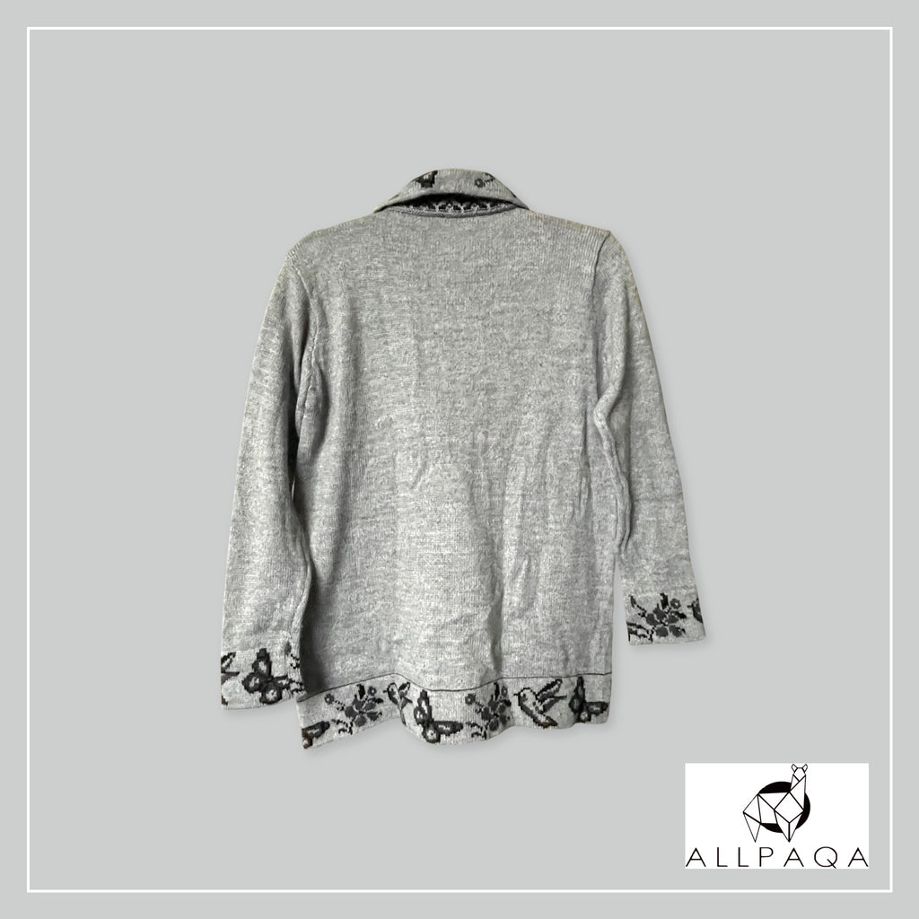 Handmade alpaca button-up cardigan in light grey with black nature details