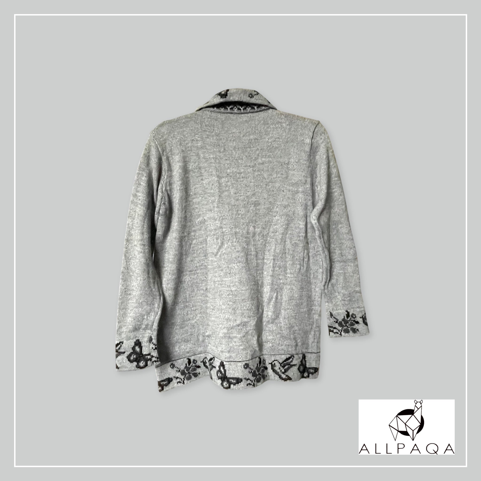 Handmade alpaca button-up cardigan in light grey with black nature details