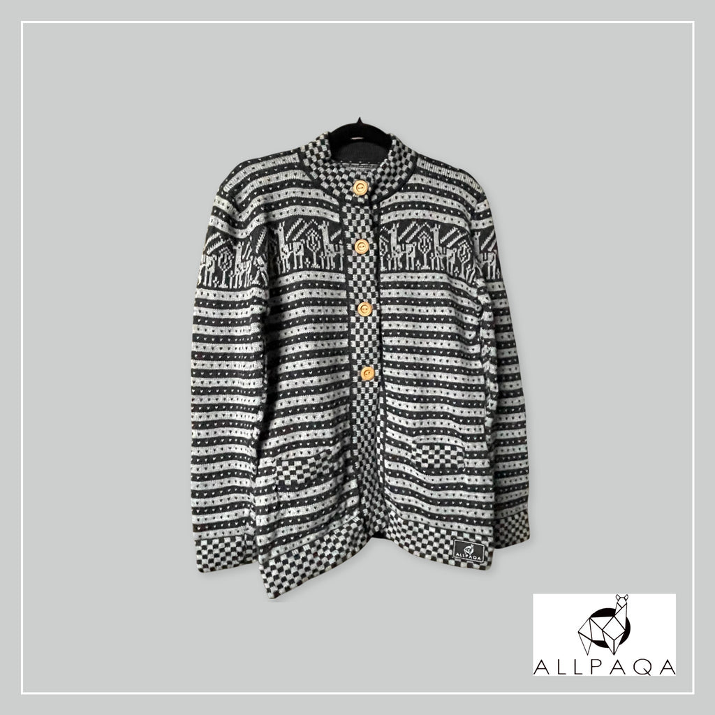 Handmade alpaca button-up cardigan in dark and light grey with alpaca pattern