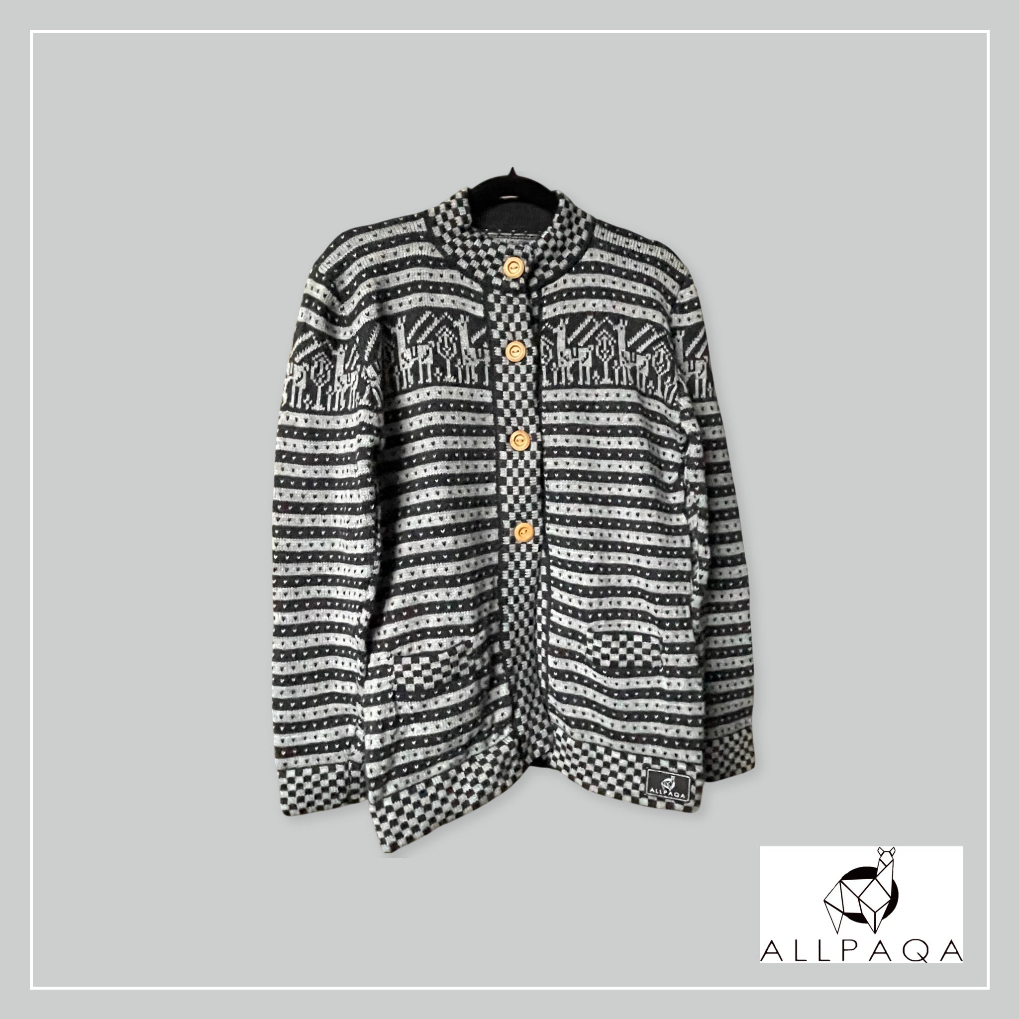 Handmade alpaca button-up cardigan in dark and light grey with alpaca pattern