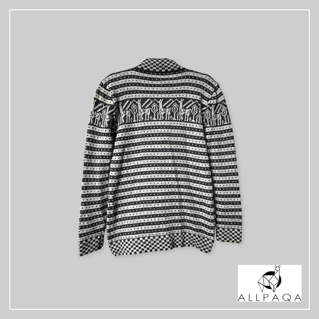 Handmade alpaca button-up cardigan in dark and light grey with alpaca pattern