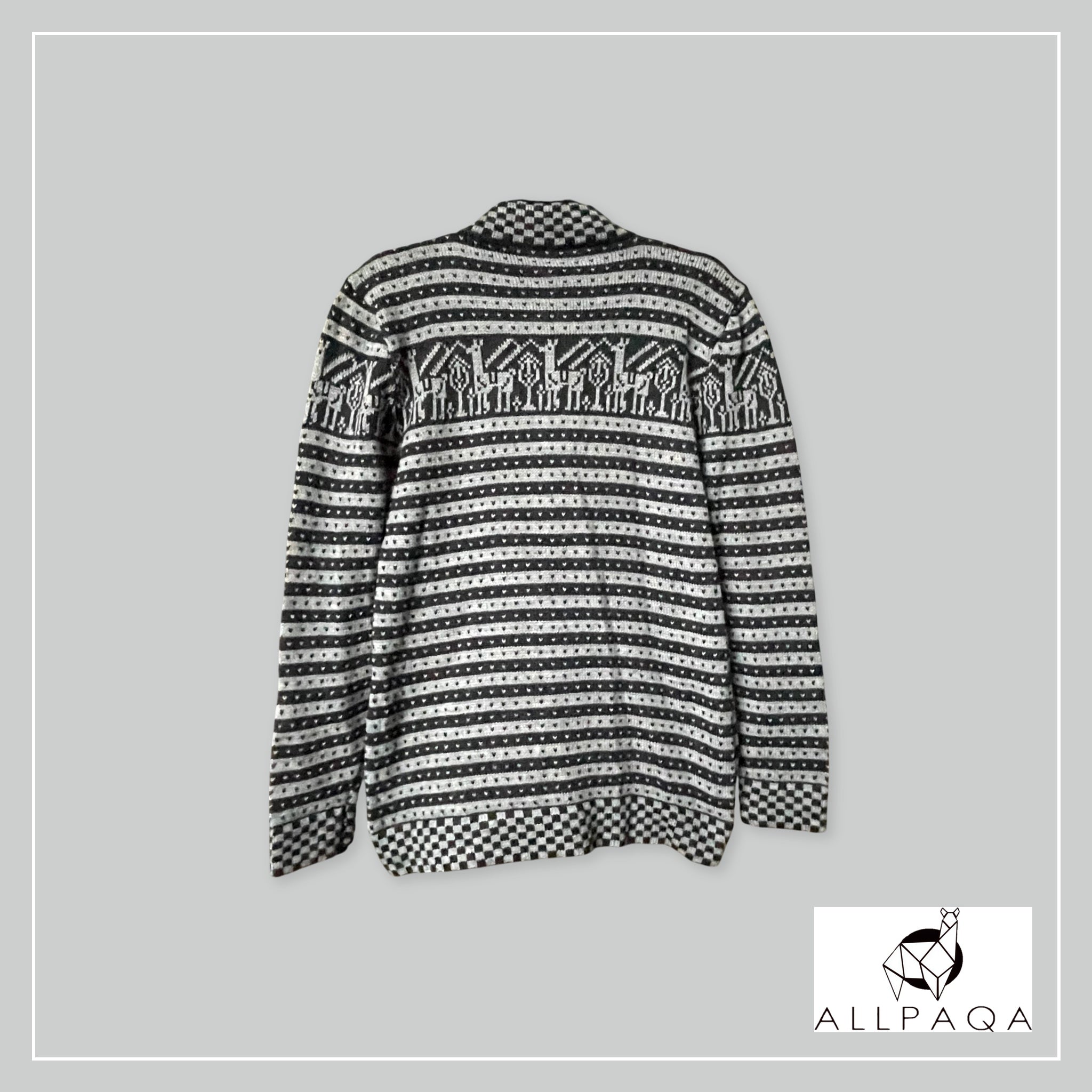 Handmade alpaca button-up cardigan in dark and light grey with alpaca pattern
