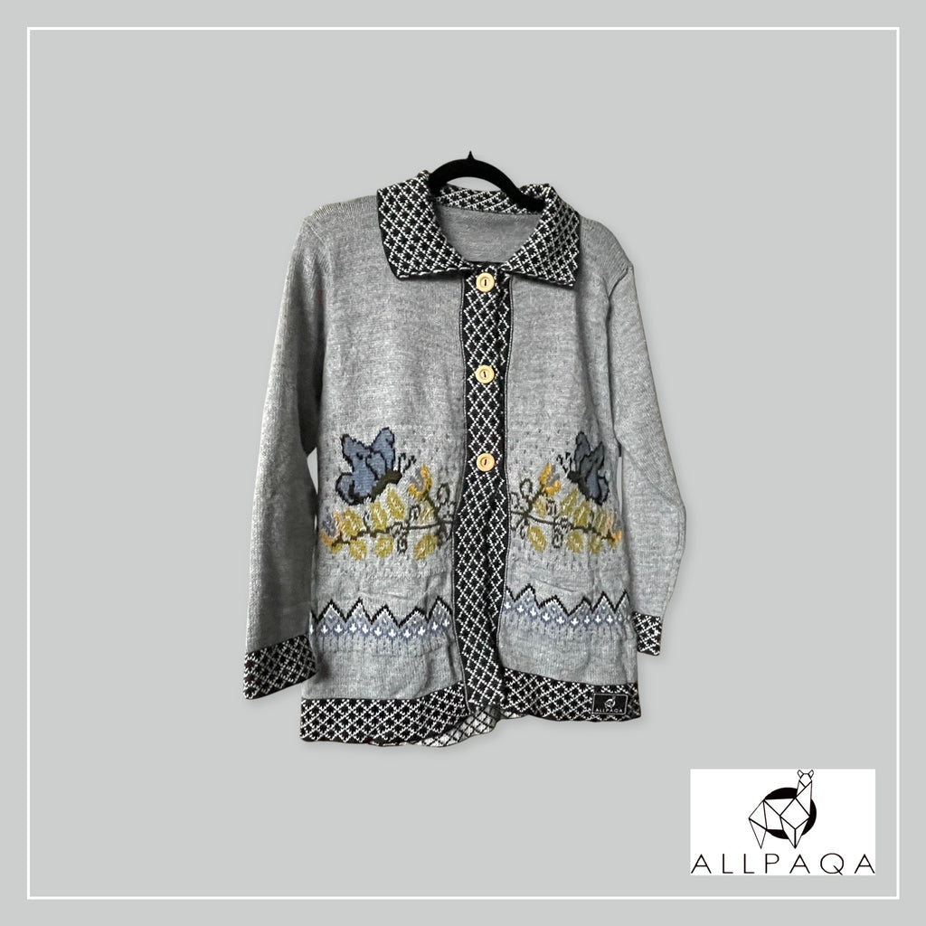 Handmade alpaca button-up cardigan in light grey with blue butterflies