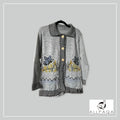 Handmade alpaca button-up cardigan in light grey with blue butterflies