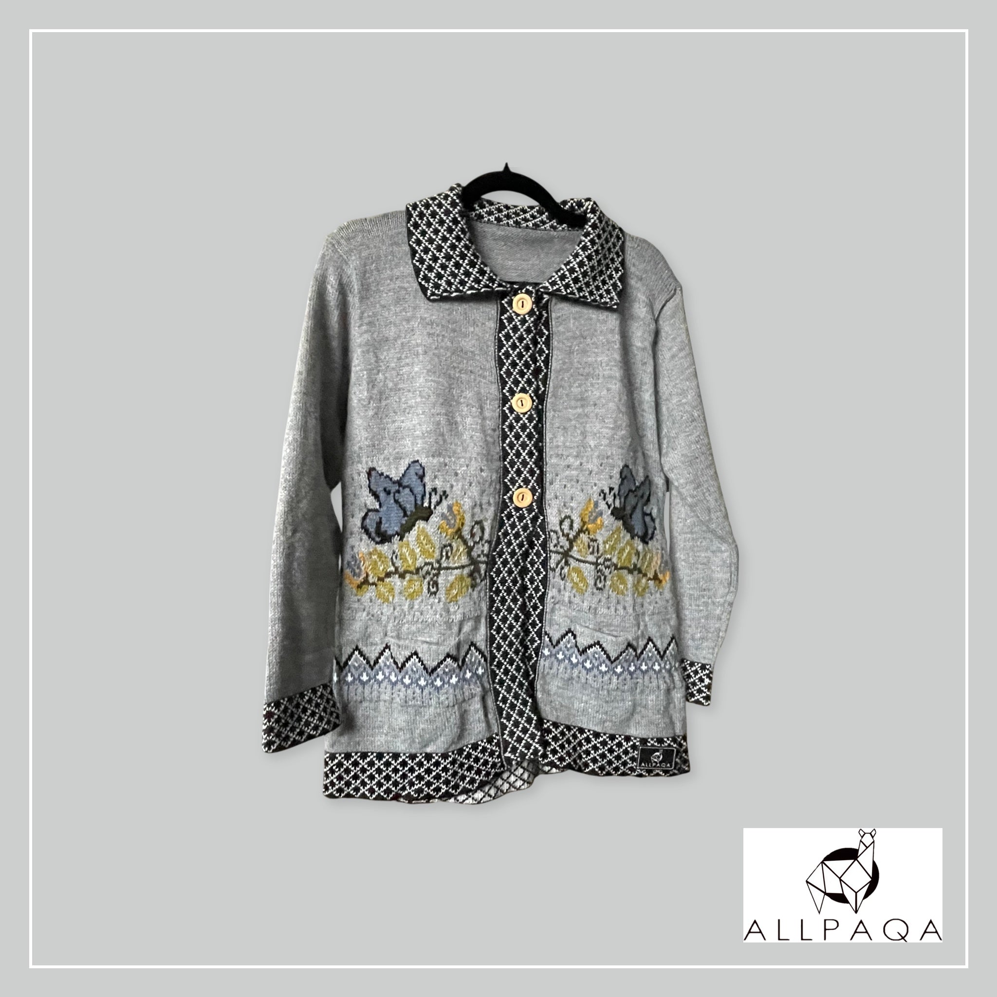 Handmade alpaca button-up cardigan in light grey with blue butterflies