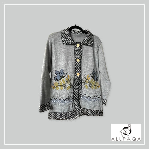 Handmade alpaca button-up cardigan in light grey with blue butterflies