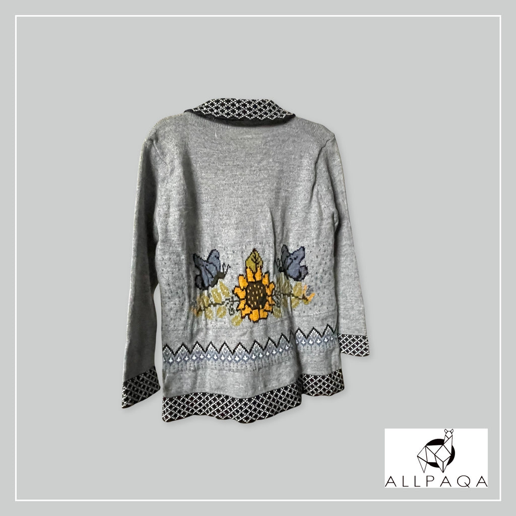 Handmade alpaca button-up cardigan in light grey with blue butterflies