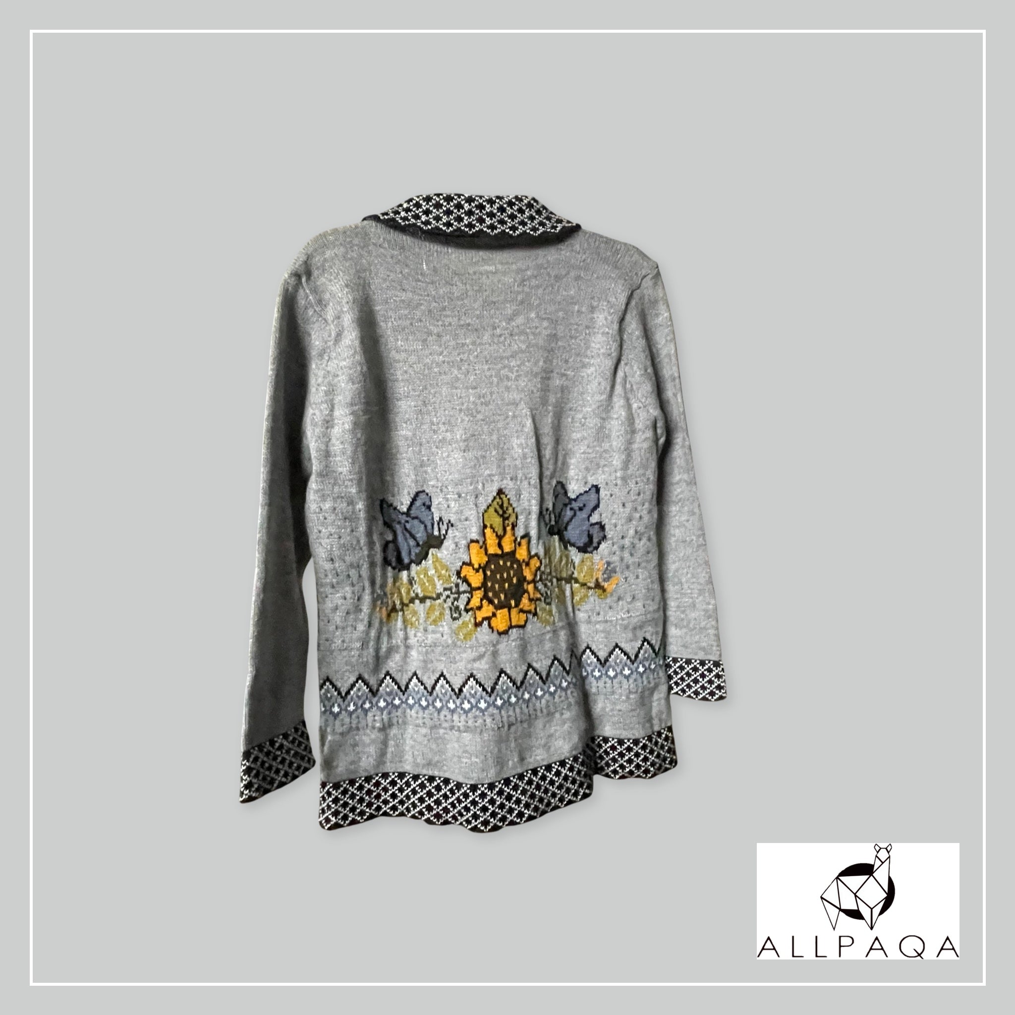 Handmade alpaca button-up cardigan in light grey with blue butterflies