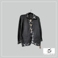 Handmade alpaca button-up cardigan in light grey with white nature details