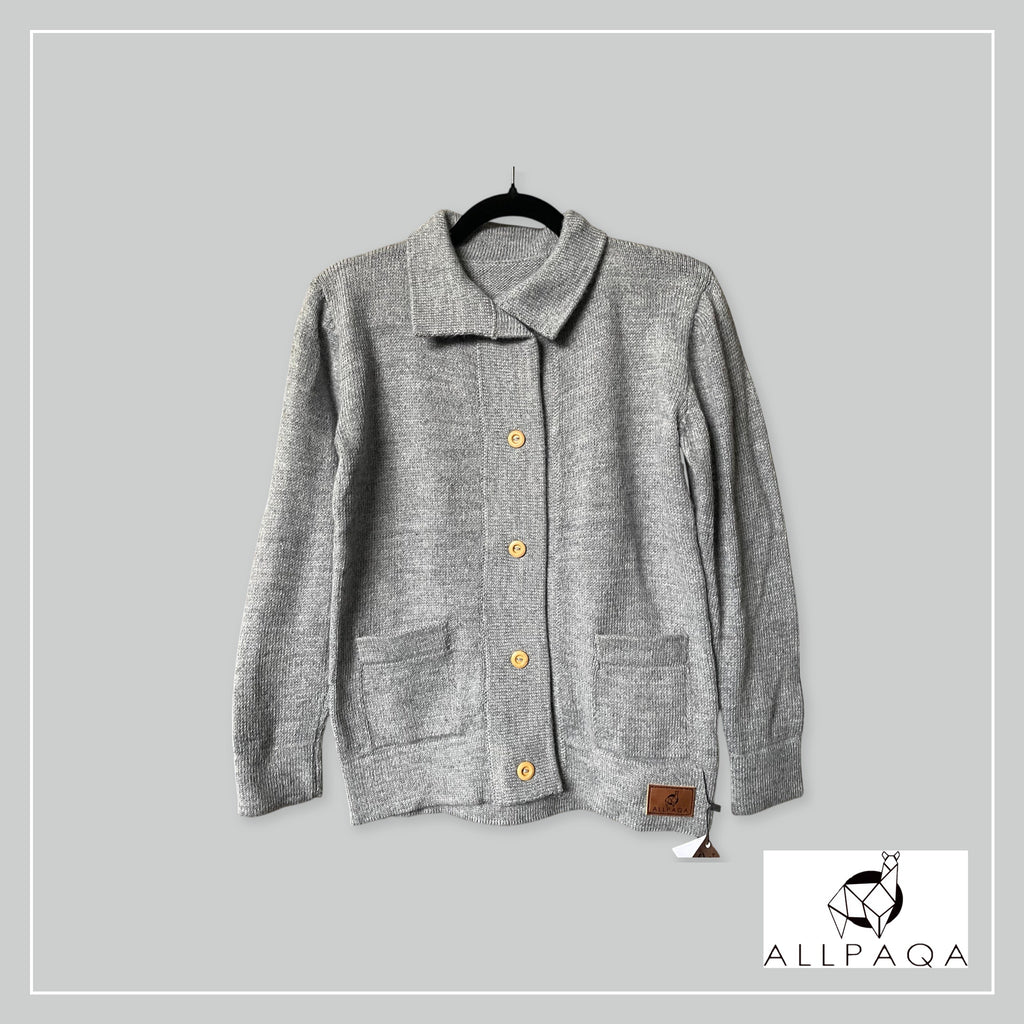 Handmade plain alpaca button-up cardigan in light grey
