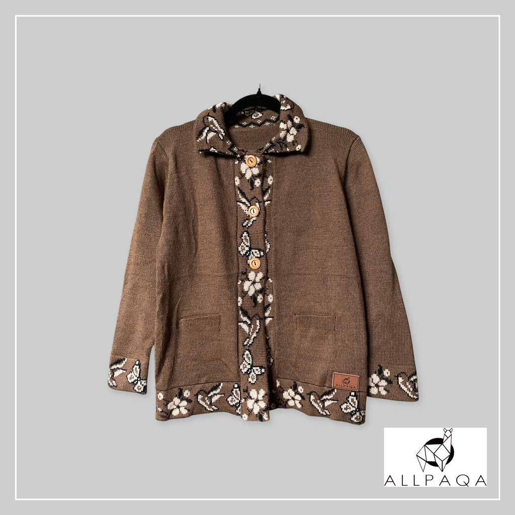 Handmade alpaca button-up cardigan in brown with white nature details