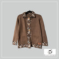 Handmade alpaca button-up cardigan in brown with white nature details