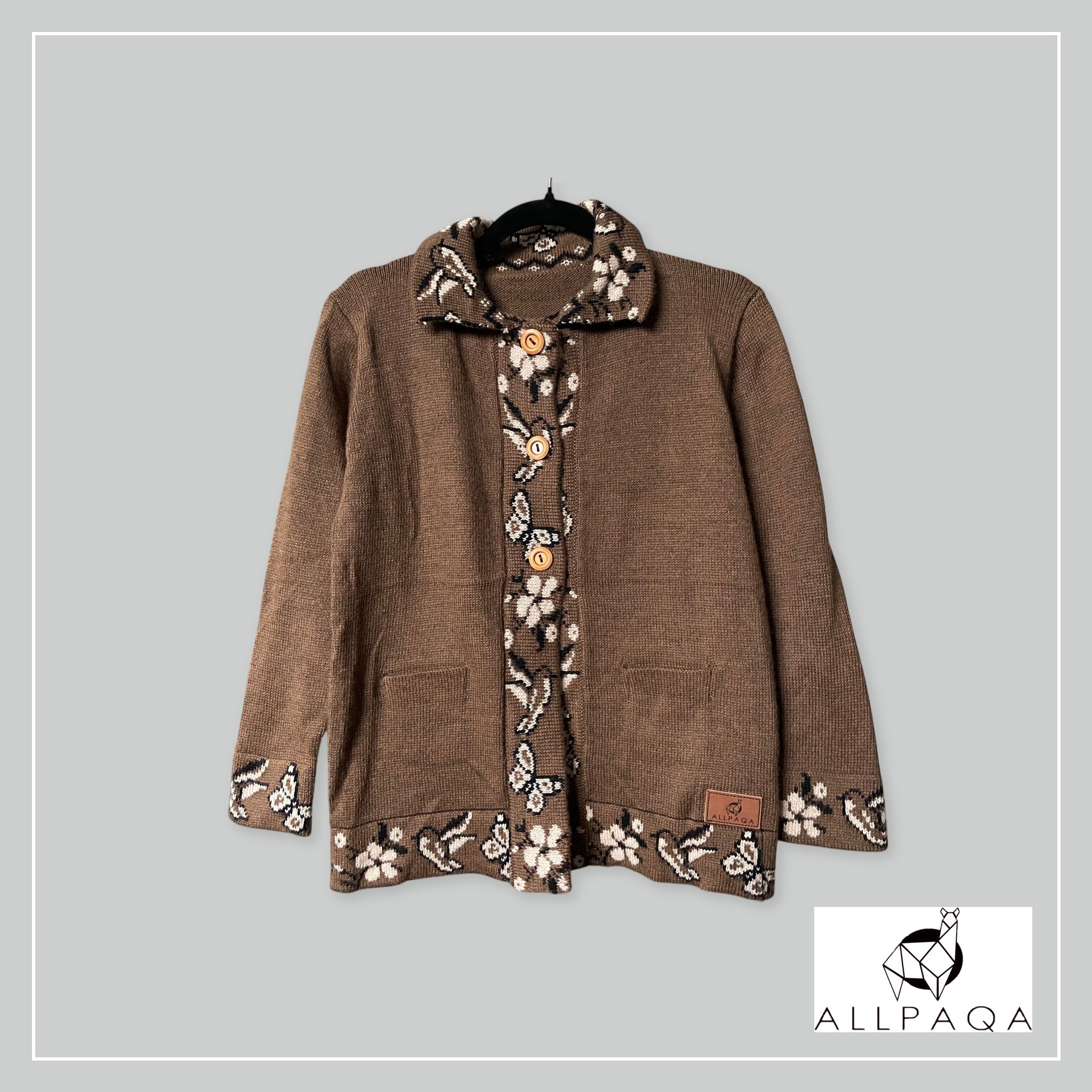Handmade alpaca button-up cardigan in brown with white nature details