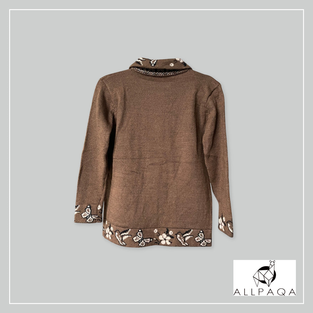 Handmade alpaca button-up cardigan in brown with white nature details