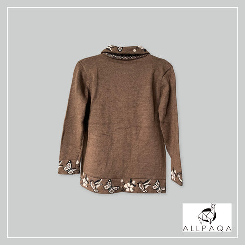 Handmade alpaca button-up cardigan in brown with white nature details