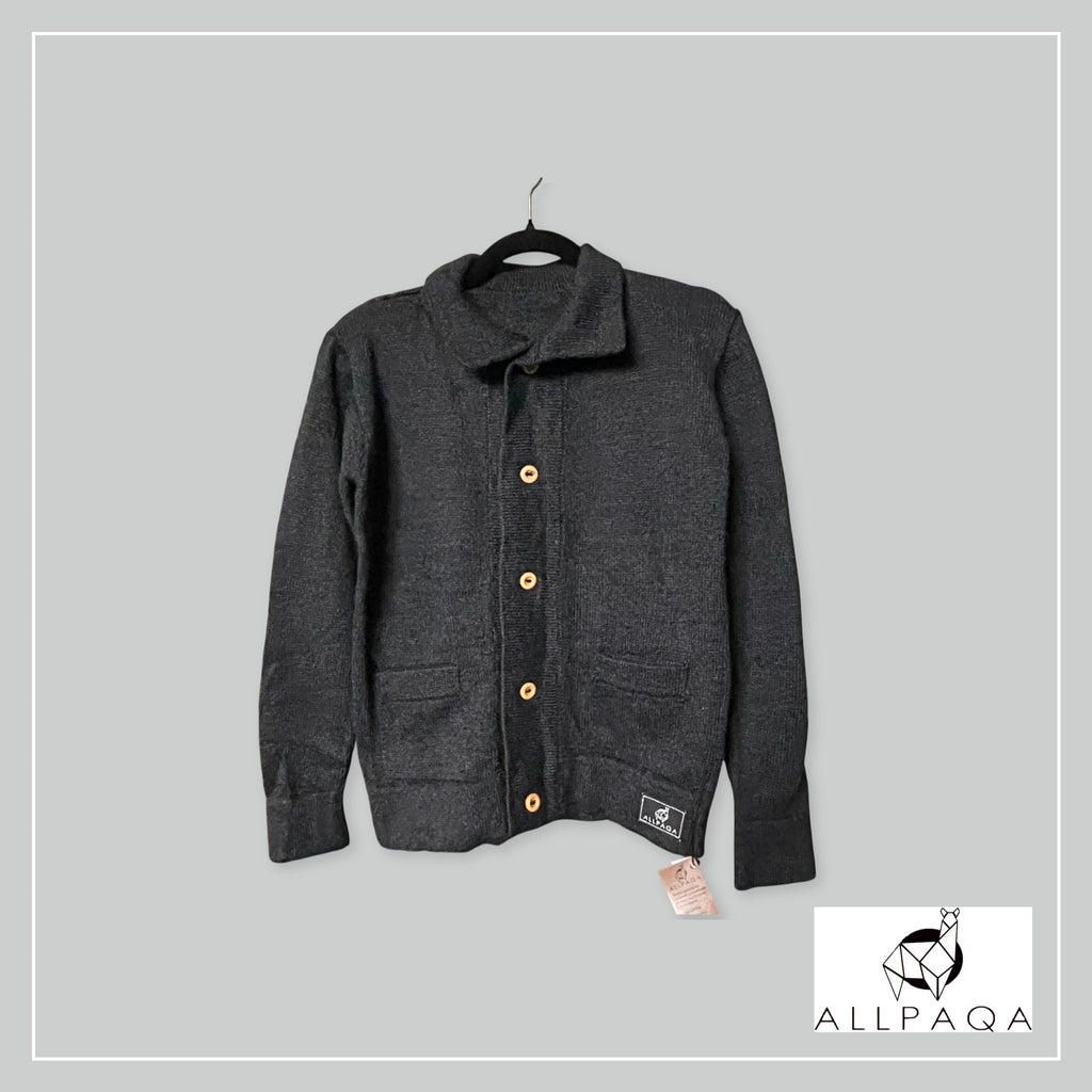 Handmade plain alpaca button-up cardigan in dark grey
