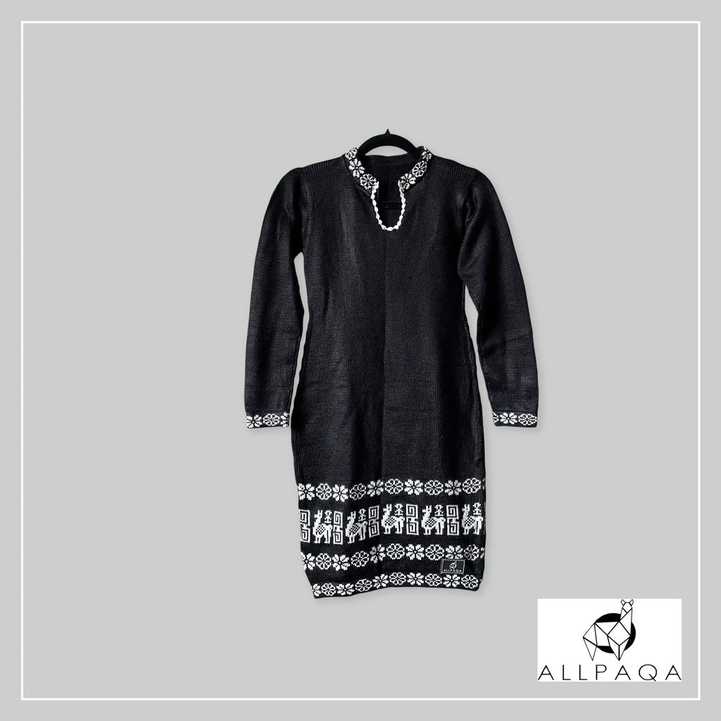 Handmade alpaca dress in black with white alpaca pattern