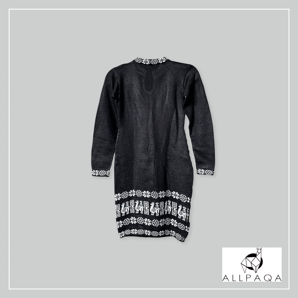 Handmade alpaca dress in black with white alpaca pattern