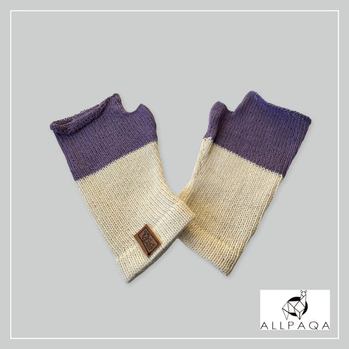 Handmade alpaca fingerless gloves in white and purple