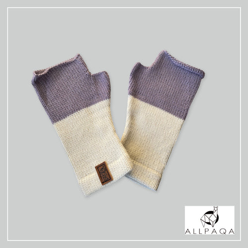 Handmade alpaca fingerless gloves in white and light purple