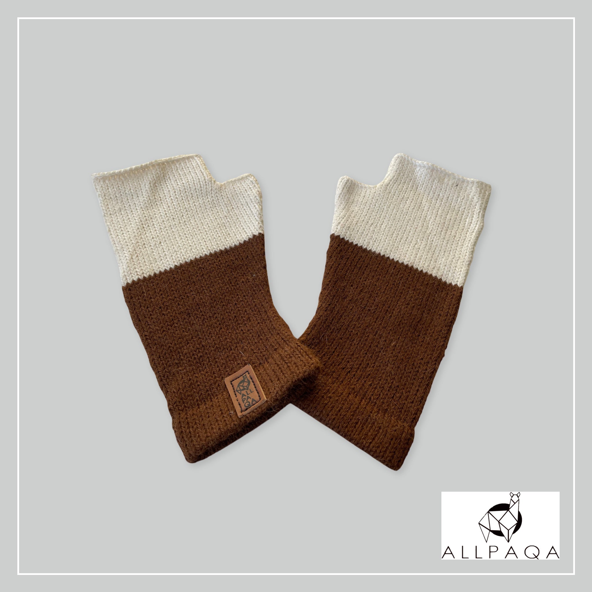 Handmade alpaca fingerless gloves in white and brown